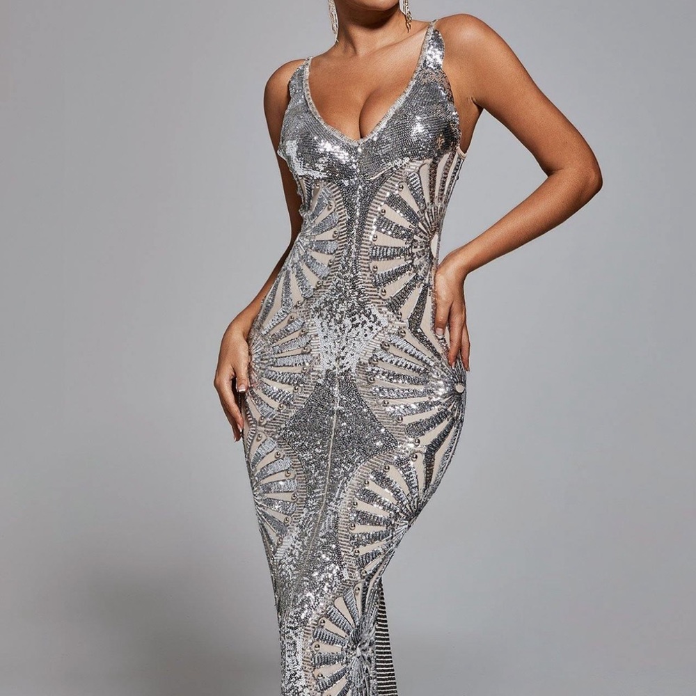 Bella Barnett - Stunning Silver Sequence Maxi Dress